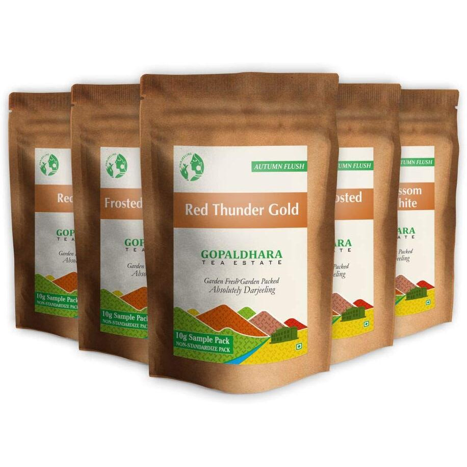 GOPALDHARA Darjeeling Frosted Autumn Teas Sample Pouches (Pack Of 5 Teas - 10 Grams Each) - Ftgfop1 Whole Leaf Chai Tea From High Mountain