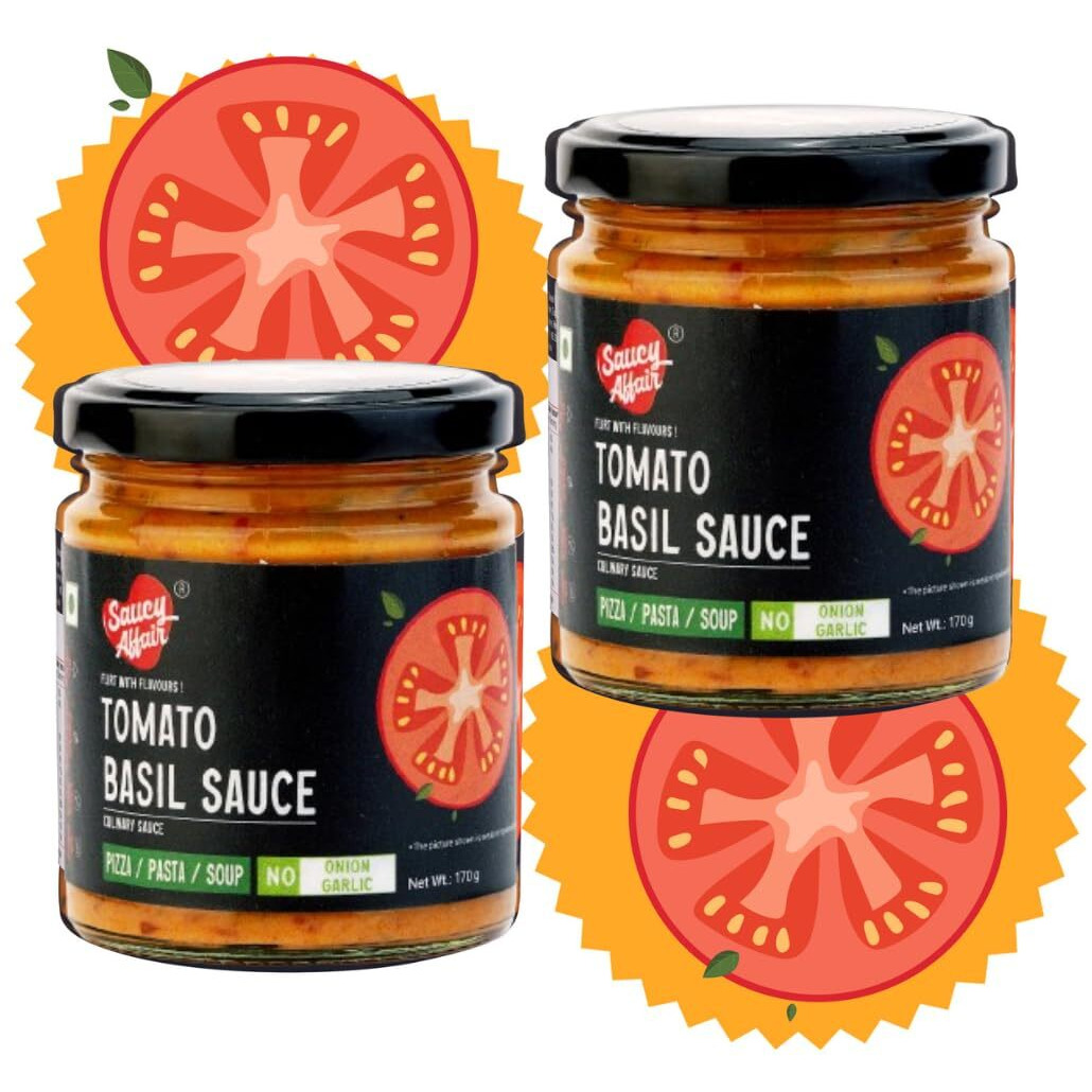 Saucy Affair No Onion No Garlic Tomato Besil Sauce - Perfect For Pizza And Ketchup, Without Onion And Garlic - Ideal For Those Seeking Sauce With No Onion & Garlic -170Gm (Set - 2)