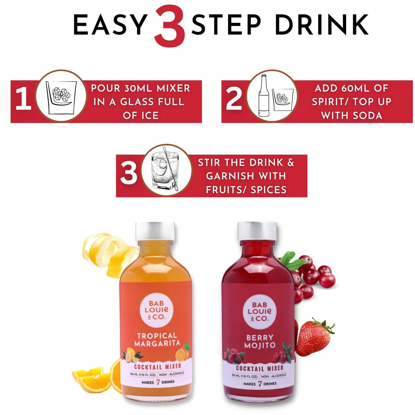 Bab Louie & Co. Cocktail Mix Combo Pack, Berry Mojito & Tropical Margarita, 100% Natural, Cocktail And Mocktail Syrup For Vodka, Gin, Whiskey (Pack Of 2), Liquid