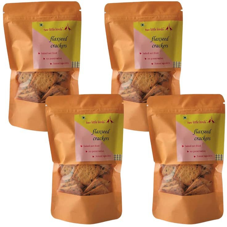 two little birds Flaxseed Crackers - Made with Healthy Flaxseeds | Baked Not Fried, Eggless, Handmade, Freshly Baked Snacks Chips | No Added Preservatives or Palm Oil | 120 Grams (Pack of 4)