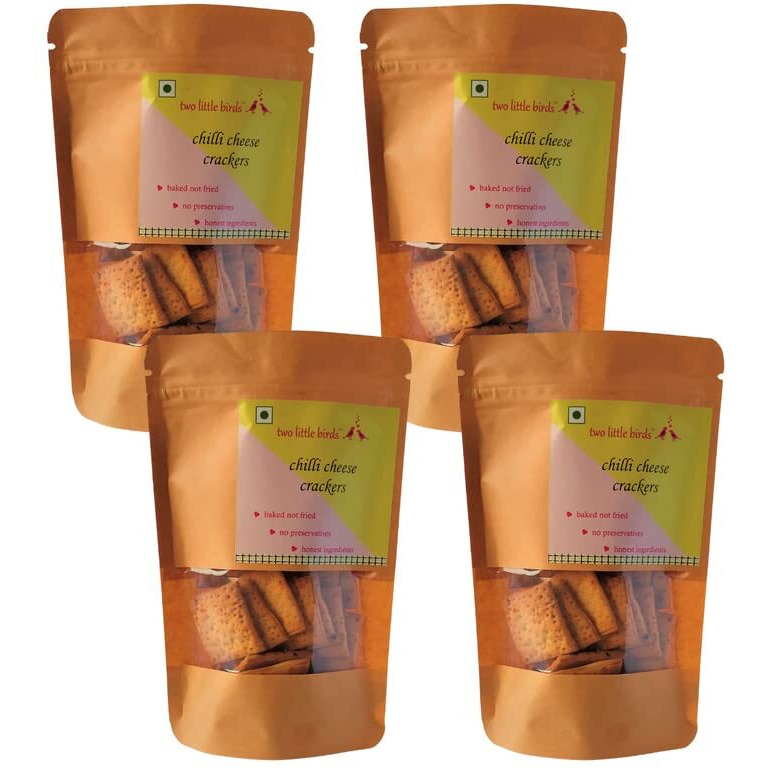 two little birds Chilli Cheese Crackers - Made with Kashmiri Chilli | Baked Not Fried | Eggless, Handmade, Freshly Baked Snacks Chips | No Added Preservatives or Palm Oil | 120 Grams (Pack of 4)