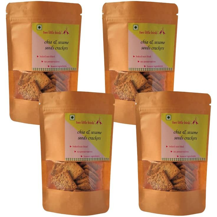two little birds Chia & Sesame Seeds Crackers - Enriched with 2 Super Seeds| Baked Not Fried| Eggless, Handmade, Freshly Baked Snacks Chips| No Added Preservatives or Palm Oil| 120Grams (Pack of 4)