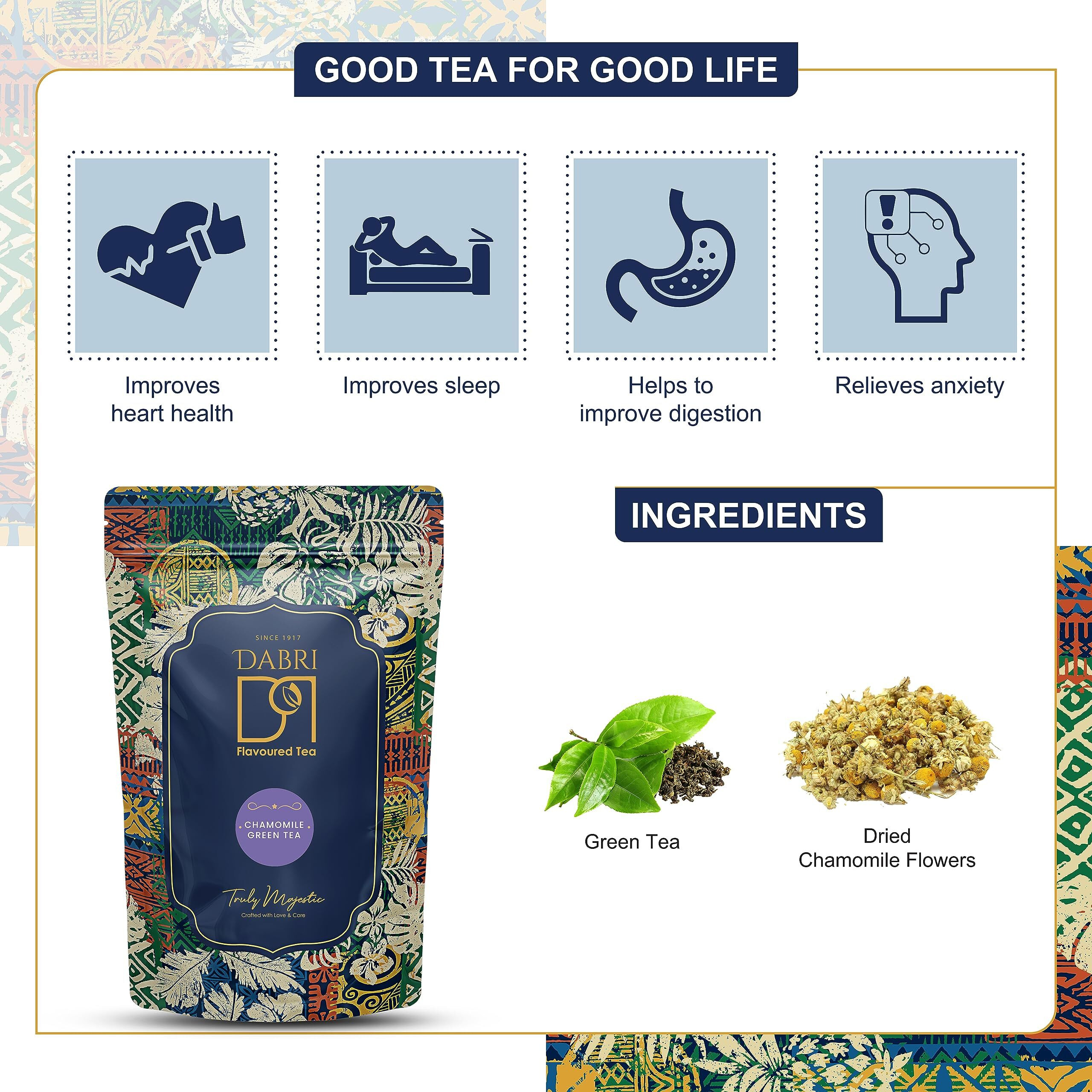 DABRI Chamomile Green Tea leaves loose for Stress Relief & Good Sleep Made with 100% Whole Leaf & Natural Chamomile Flowers | Calming Tisane - Soothing Tea | 100 Gram