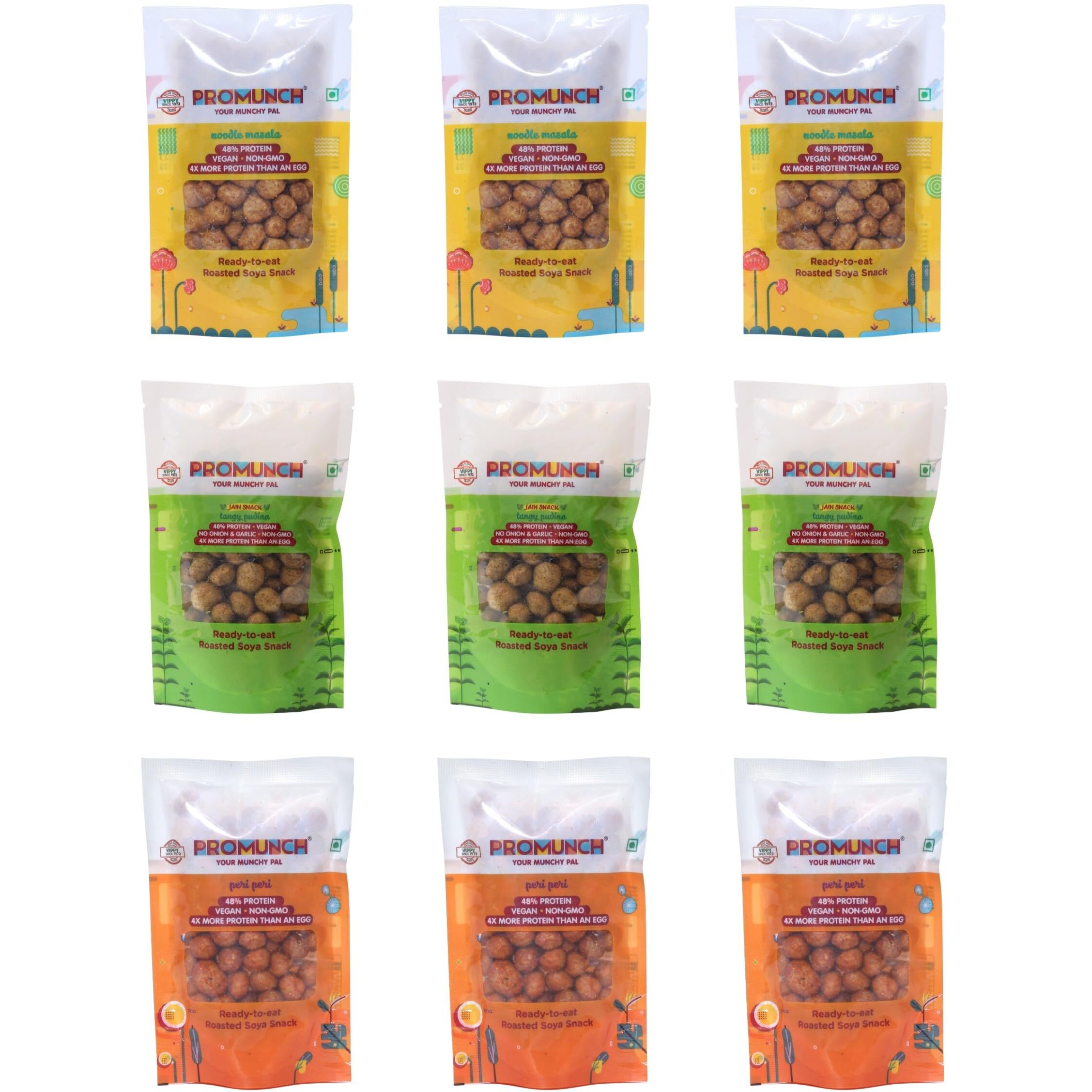 PROMUNCH Roasted Soya Snack | High-Protein | Healthy | Gluten-Free (Tangy Pudina-3,Peri Peri-3,Noodle Masala-3) 30 gm Each