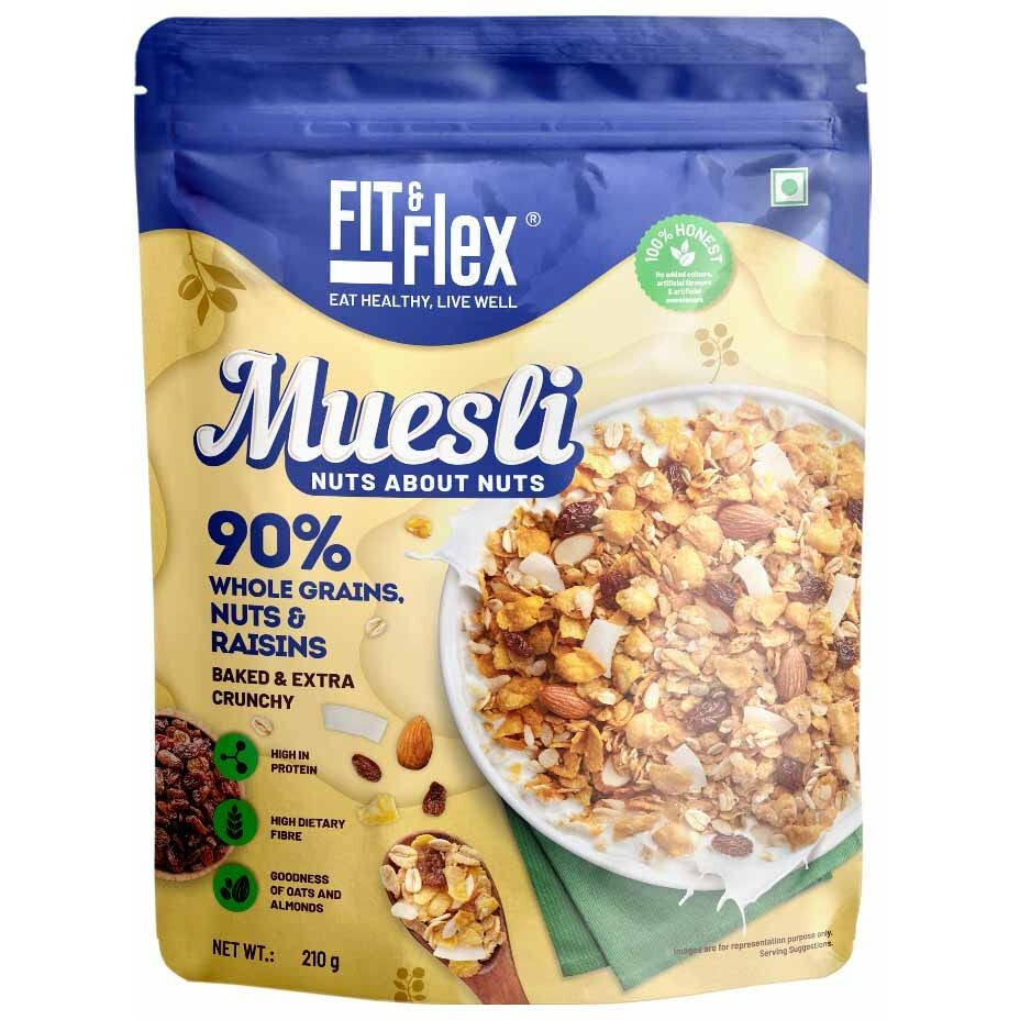 FIT & FLEX Baked And Healthy Rich Cereal Nuts About Nuts Muesli|Oat Rich Cereal With High Protein|Ready To Eat Breakfast Cereal|As Seen On Shark Tank India|210 Gm (Pack Of 1)
