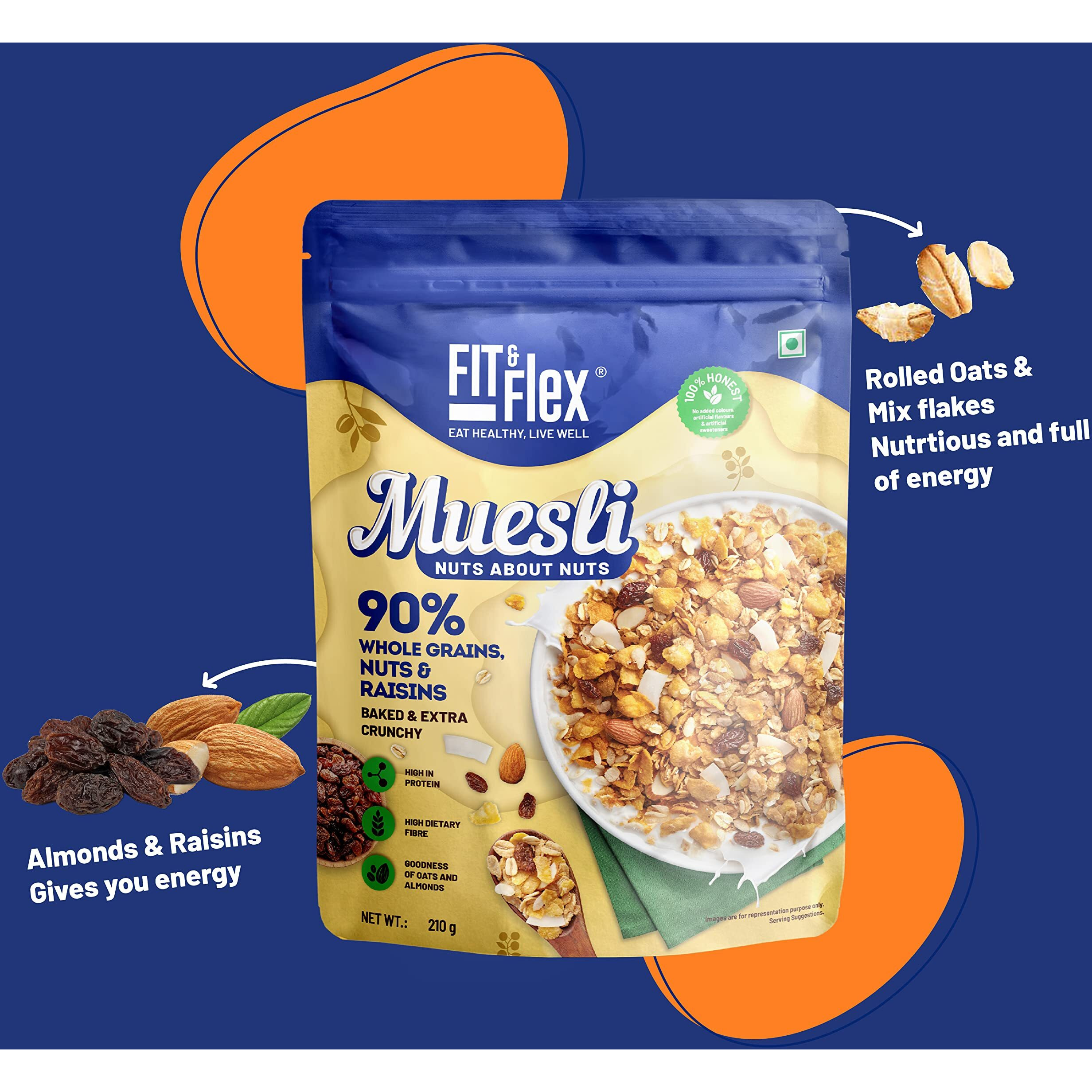 FIT & FLEX Baked And Healthy Rich Cereal Nuts About Nuts Muesli|Oat Rich Cereal With High Protein|Ready To Eat Breakfast Cereal|As Seen On Shark Tank India|210 Gm (Pack Of 1)