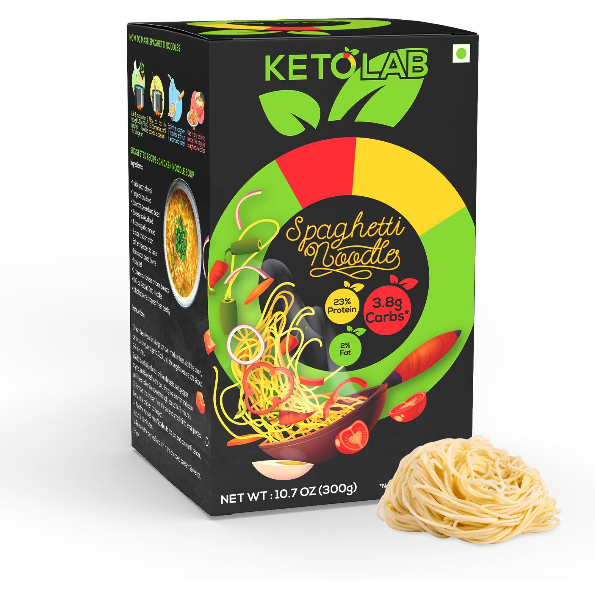 Ketolab Keto Noodles Spaghetti, 300 Gms, 1 Pack, 3.8g Net Carb & 11g High Protein/Serving, Identical to Regular Noodles, Ultra Low Carb, Pre-Biotic High Fibre, For Keto Diet and Weight Loss