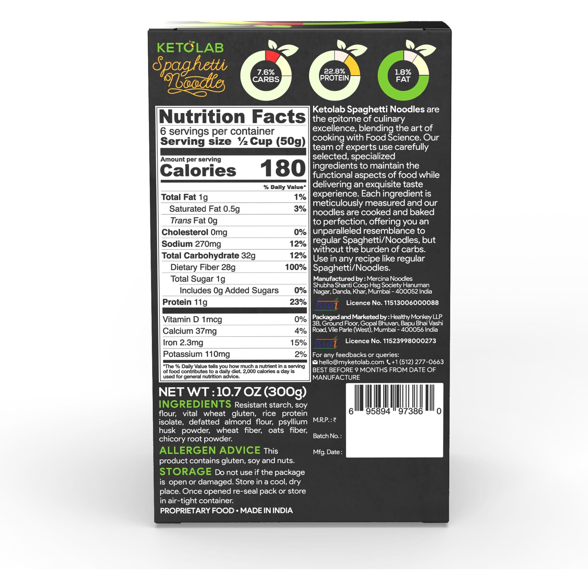 Ketolab Keto Noodles Spaghetti, 300 Gms, 1 Pack, 3.8g Net Carb & 11g High Protein/Serving, Identical to Regular Noodles, Ultra Low Carb, Pre-Biotic High Fibre, For Keto Diet and Weight Loss