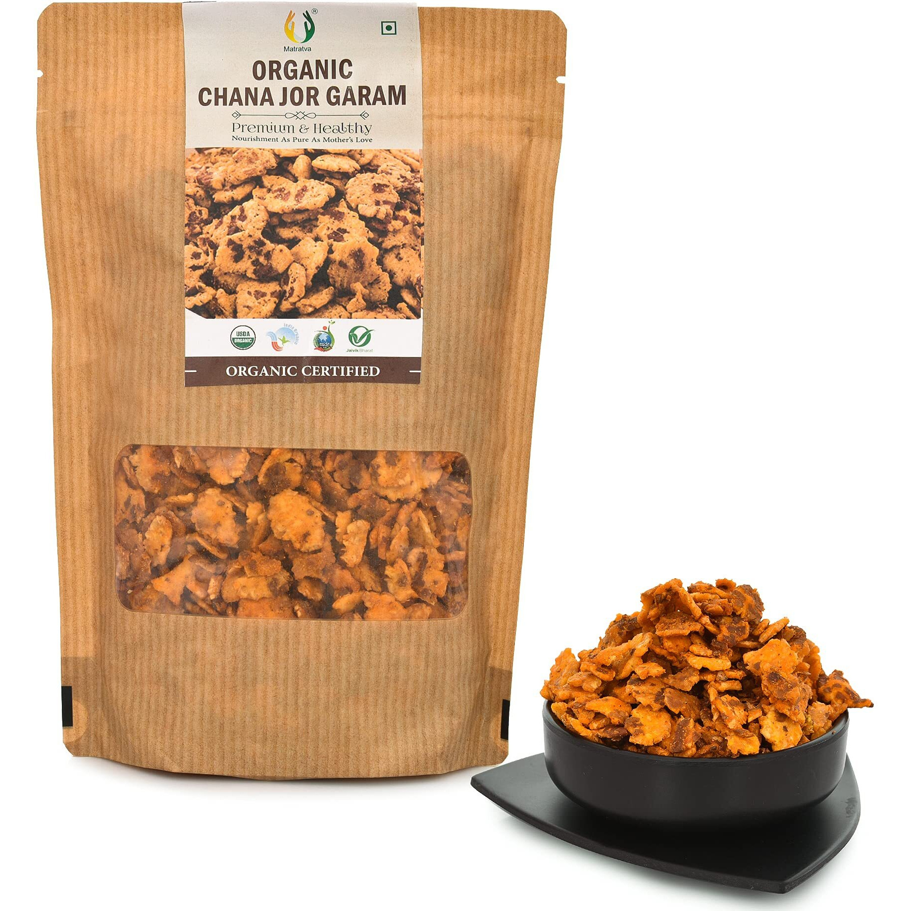 Matratva Organic Chana JOR Garam Namkeen | Organic Namkeen | Healthy Indian Snacks | Protein Rich | Lite Namkeen | Crispy & Fresh Snack | No Preservatives | Chana Chor Garam (Namkeen, 500 Gm)
