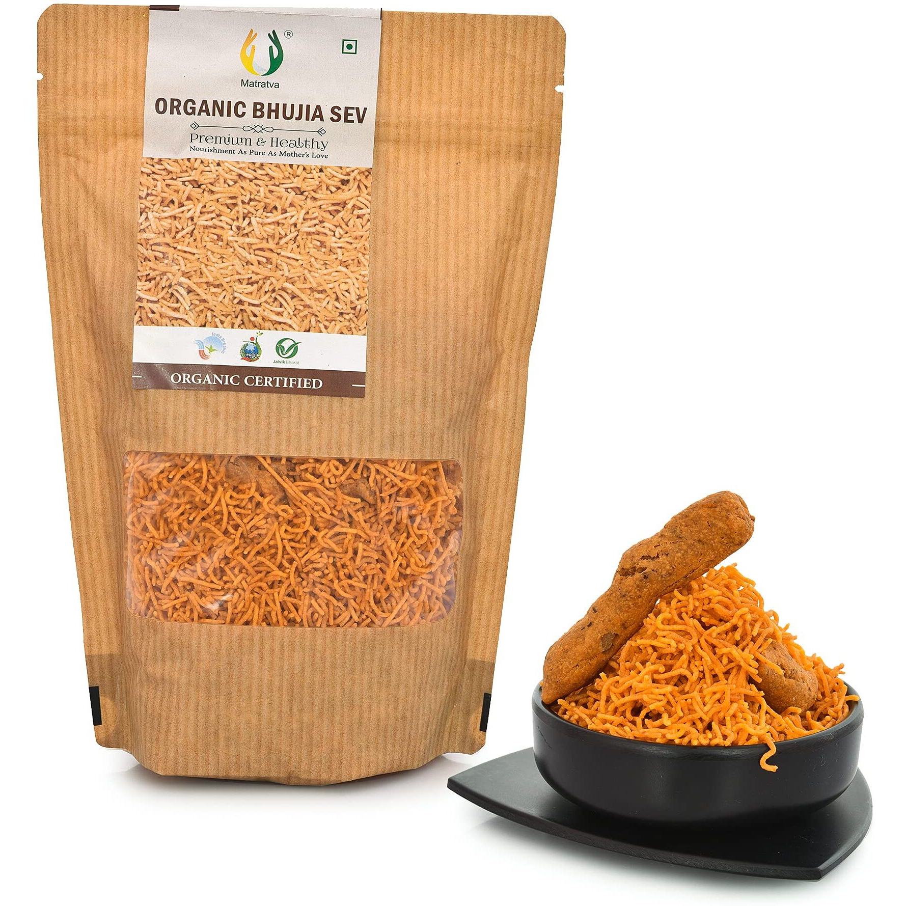 Matratva Organic Bhujia Sev Namkeen 500 gm | Bikaneri Bhujia Sev Namkeen | Organic Namkeen | Fried in Cold Pressed Groundnut Oil | Healthy Indian Snacks | Crispy & Fresh Snack | No Preservatives