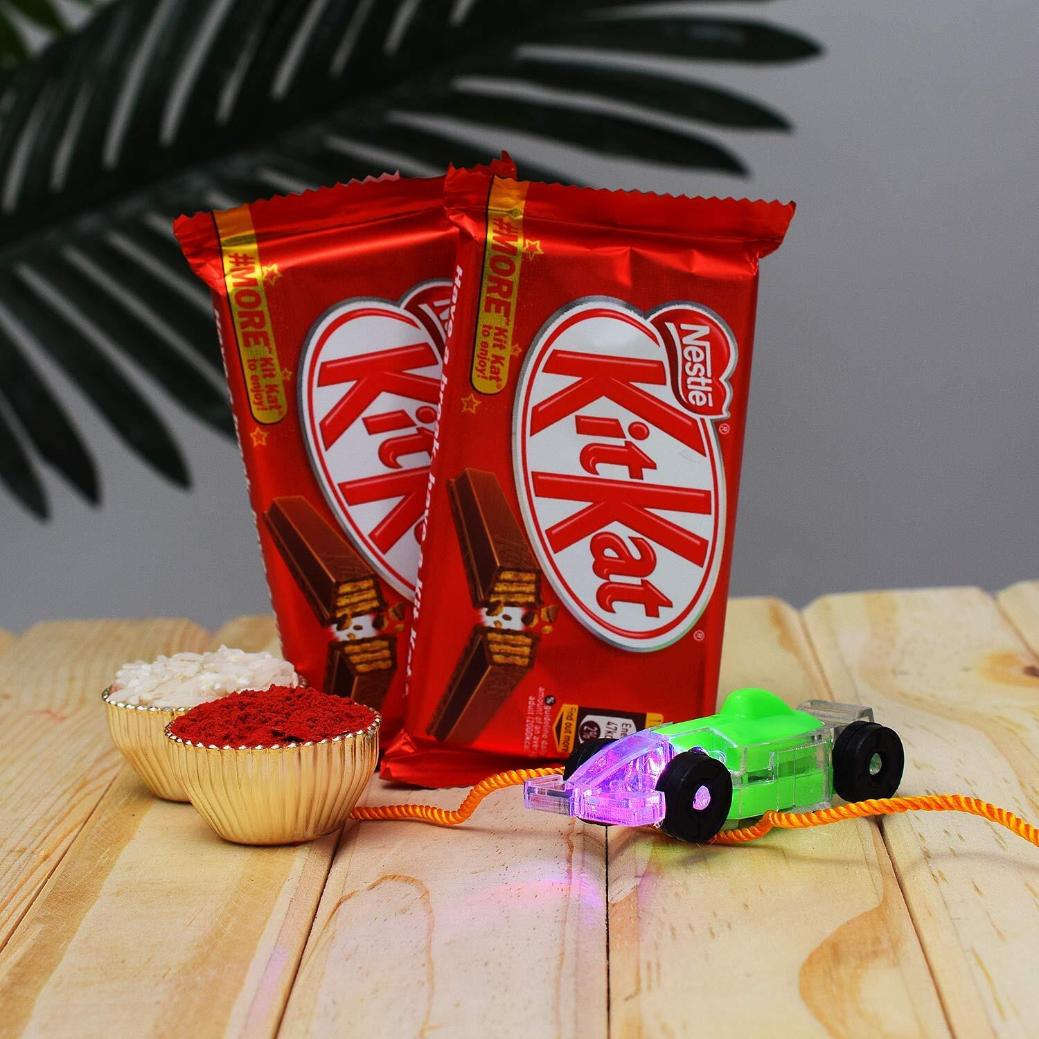 Archies Kids Green Jeep Toy Lighting Rakhi with 2 Pack Kitkat Chocolates with Roli Chawal for Tilak, for Rakshabandhan Festival, for Bhai, Youngest Brother.