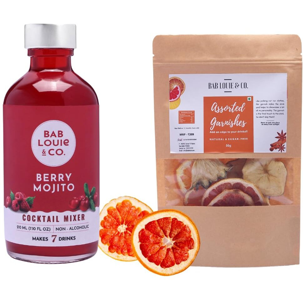 Bab Louie & Co. Assorted Garnishes with Berry Mojito Cocktail Mixer for Vodka, Gin, Champagne, Makes 7 Drinks, Combo Pack of 2 (50g Garnish & 210 ML Mixer)