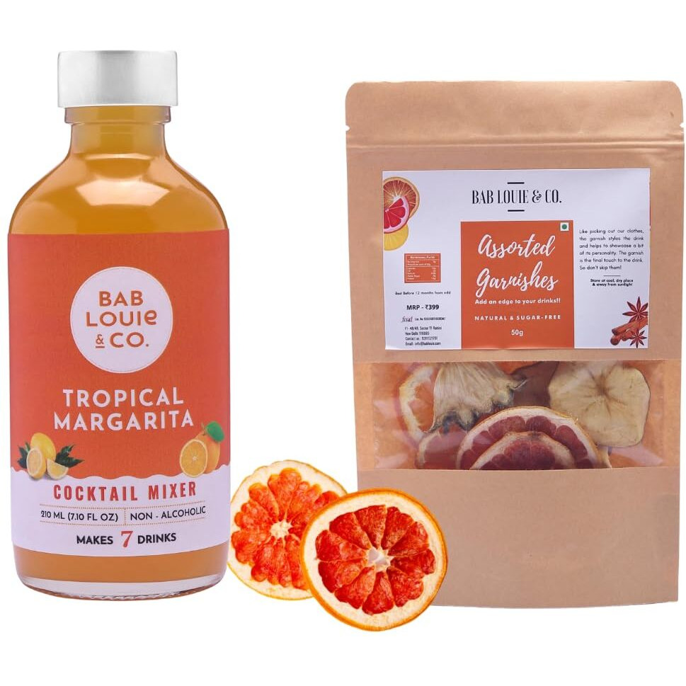 Bab Louie & Co. Assorted Garnishes with Tropical Margarita Cocktail Mixer for Vodka, Gin, Rum, Makes 7 Drinks, Combo Pack of 2 (50g Garnish & 210 ML Mixer)
