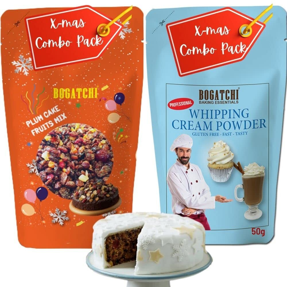 BOGATCHI Whipping cream combo for plum cake, Christmas Plum Cake Special - Xmas Plum cake fruits mix with Rich Whipping cream, Vanilla Whipped Cream, 50g|FREE Christmas Plum Cake Fruit Mix (100g)