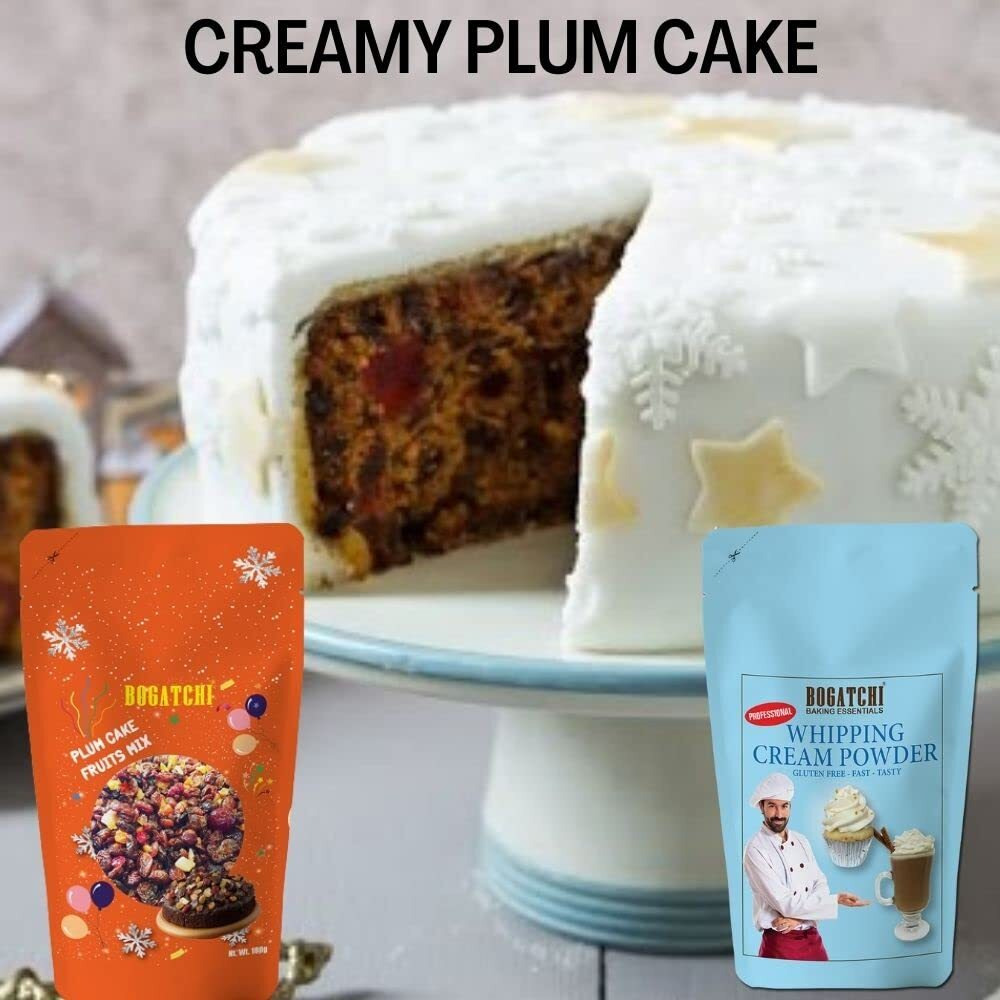 BOGATCHI Whipping cream combo for plum cake, Christmas Plum Cake Special - Xmas Plum cake fruits mix with Rich Whipping cream, Vanilla Whipped Cream, 50g|FREE Christmas Plum Cake Fruit Mix (100g)