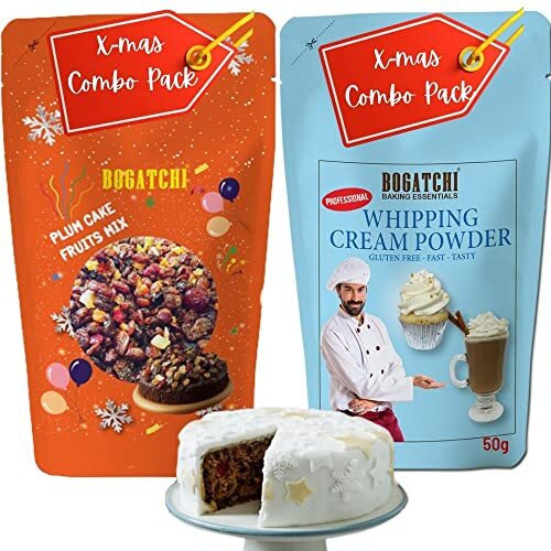 BOGATCHI Whipping cream combo for plum cake, Christmas Plum Cake Special - Xmas Plum cake fruits mix with Rich Whipping cream, Vanilla Whipped Cream, 50g|FREE Christmas Plum Cake Fruit Mix (100g)