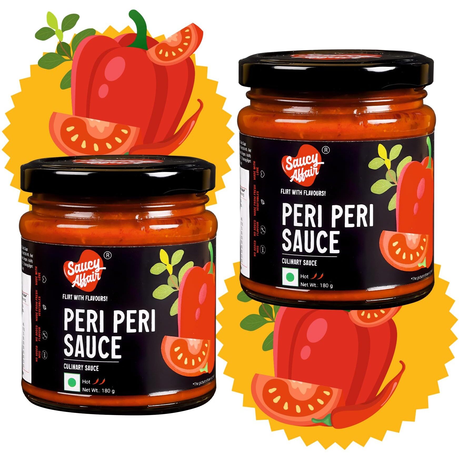 Saucy Affair Peri Peri Sauce | Tomato Chilli Sauce | Chilli Sauce | Red Chilli Sauce | Hot Sauce | Spicy Sauce | Pasta Sauce | Pizza Sauce Ready To Eat - 180 Gram Regular, (Set - 2)