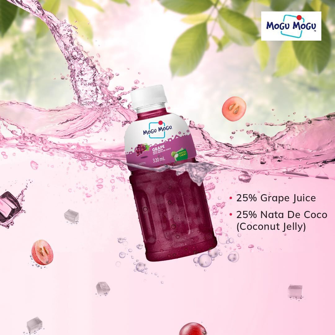 Mogu Mogu Lychee and Grape Juice 25% with NATA De Coco | Energy Booster Drink | Full of Fruit Fibres | No Added Preservatives and Colours - (Pack of 6, 320ml each)