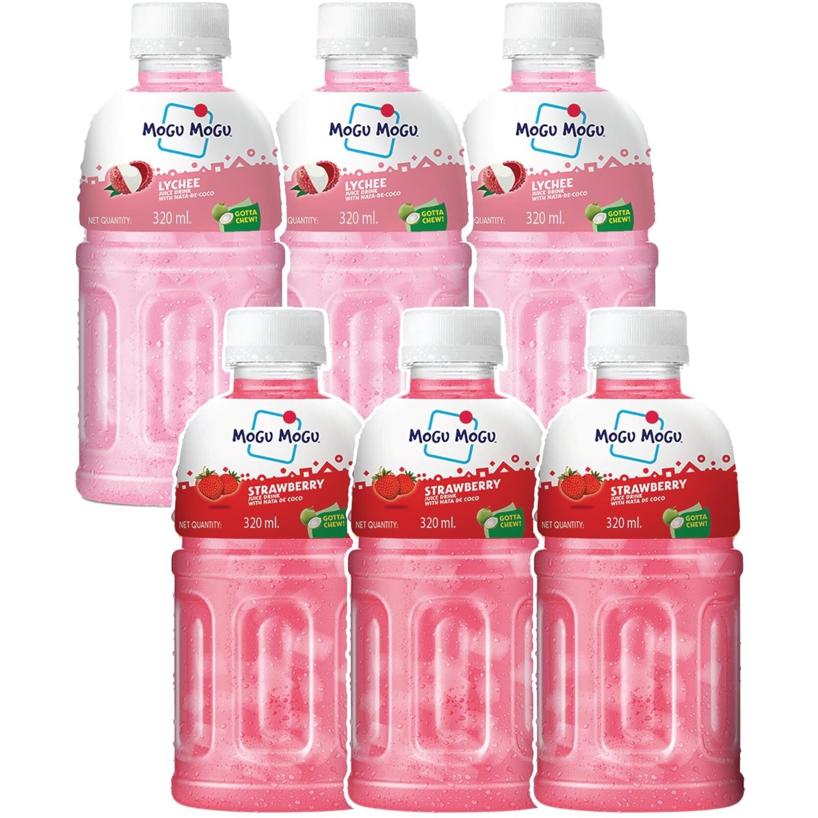 Mogu Mogu Lychee and Strawberry Juice 25% with NATA De Coco | Energy Booster Drink | Full of Fruit Fibres | No Added Preservatives and Colours - (Pack of 6, 320ml each)