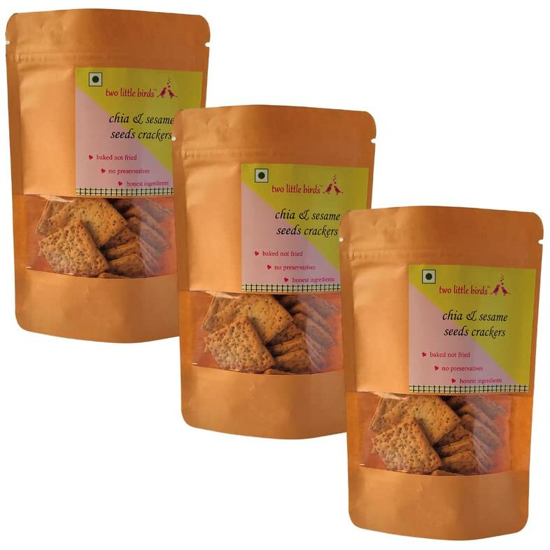 two little birds Chia & Sesame Seeds Crackers - Enriched with 2 Super Seeds| Baked Not Fried| Eggless, Handmade, Freshly Baked Snacks Chips| No Added Preservatives or Palm Oil| 120Grams (Pack of 3)