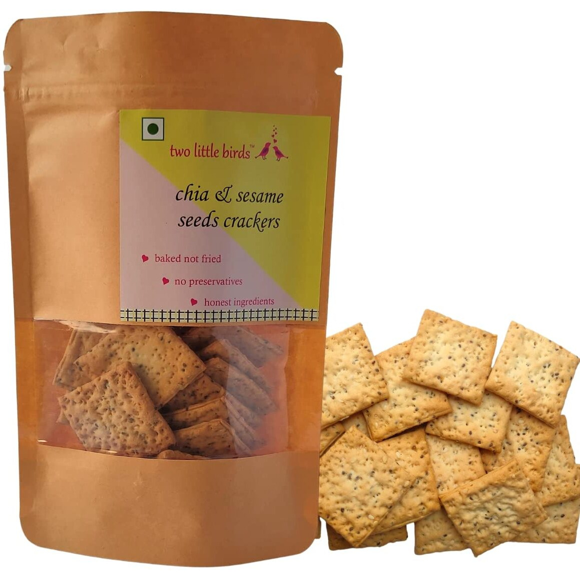 two little birds Chia & Sesame Seeds Crackers - Enriched with 2 Super Seeds| Baked Not Fried| Eggless, Handmade, Freshly Baked Snacks Chips| No Added Preservatives or Palm Oil| 120Grams (Pack of 3)