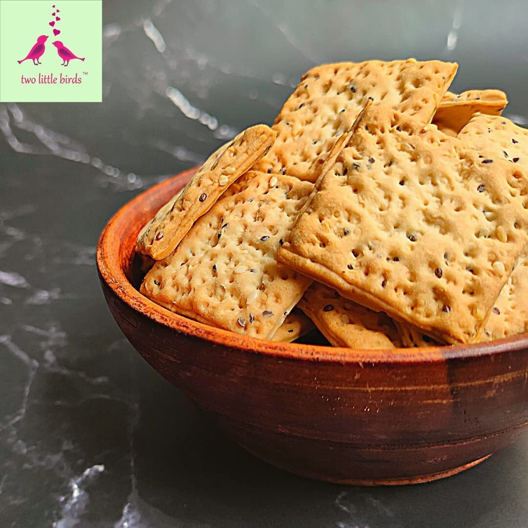two little birds Chia & Sesame Seeds Crackers - Enriched with 2 Super Seeds| Baked Not Fried| Eggless, Handmade, Freshly Baked Snacks Chips| No Added Preservatives or Palm Oil| 120Grams (Pack of 3)