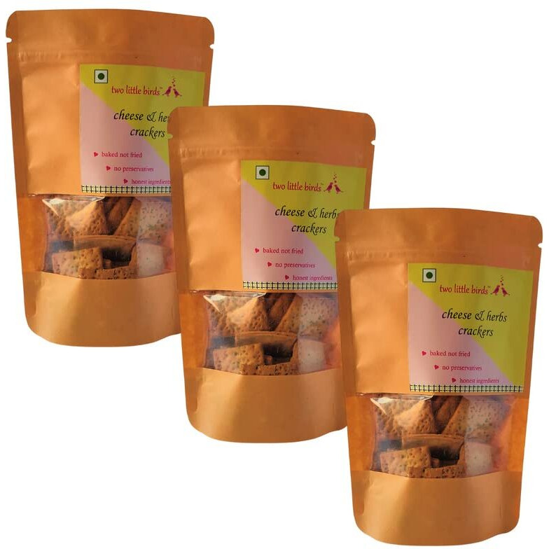 two little birds Cheese & Herbs Crackers - Italian Herbs and Cheese Flavoured| Baked Not Fried| Eggless, Handmade, Freshly Baked Snacks Chips| No Added Preservatives or Palm Oil| 120Grams (Pack of 3)
