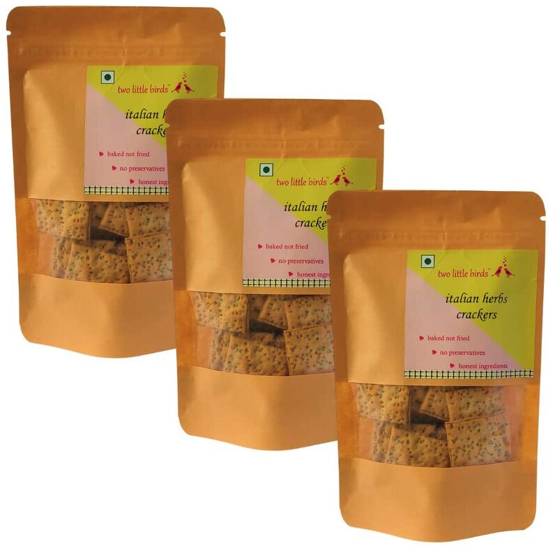 two little birds Italian Herb Crackers - Made with In House Italian Spice Mix| Baked Not Fried, Eggless, Handmade, Freshly Baked Snacks Chips| No Added Preservatives or Palm Oil| 120Grams (Pack of 3)