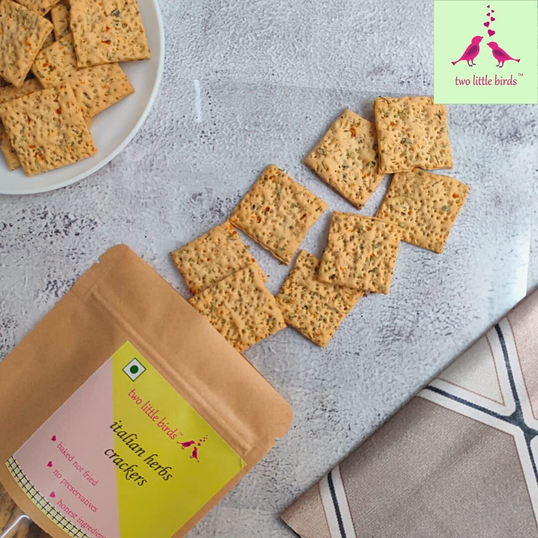 two little birds Italian Herb Crackers - Made with In House Italian Spice Mix| Baked Not Fried, Eggless, Handmade, Freshly Baked Snacks Chips| No Added Preservatives or Palm Oil| 120Grams (Pack of 3)