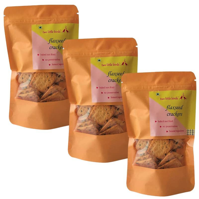 two little birds Flaxseed Crackers - Made with Healthy Flaxseeds | Baked Not Fried, Eggless, Handmade, Freshly Baked Snacks Chips | No Added Preservatives or Palm Oil | 120 Grams (Pack of 3)
