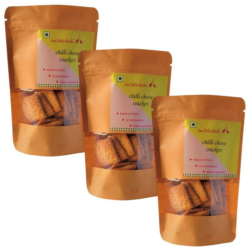 two little birds Chilli Cheese Crackers - Made with Kashmiri Chilli | Baked Not Fried | Eggless, Handmade, Freshly Baked Snacks Chips | No Added Preservatives or Palm Oil | 120 Grams (Pack of 3)