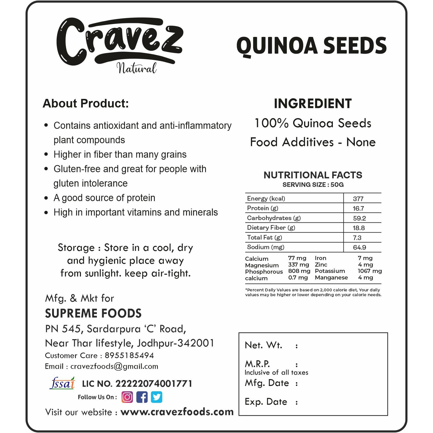 Cravez Quinoa Seeds - 500gm Premium Raw Seeds | Seeds for Weight Loss | Diet Food | Seeds for Hair Growth | Rich in Fibre and Omega 3 | Rich in Protein | Healthy Snacks (500 gm)