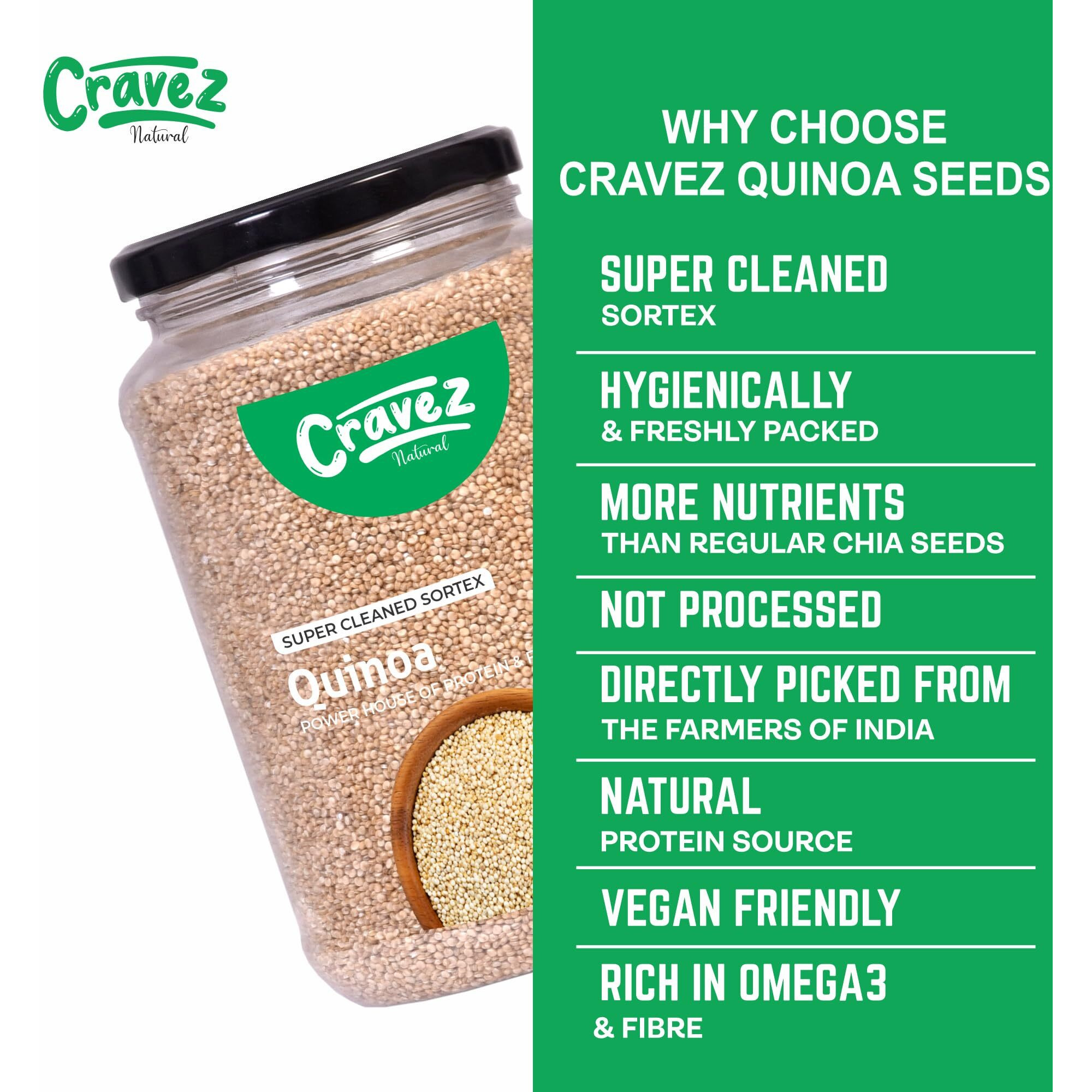 Cravez Quinoa Seeds - 500gm Premium Raw Seeds | Seeds for Weight Loss | Diet Food | Seeds for Hair Growth | Rich in Fibre and Omega 3 | Rich in Protein | Healthy Snacks (500 gm)