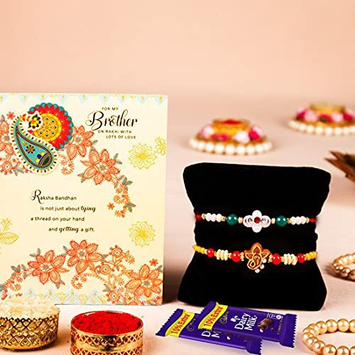 ARCHIES Rakhi For Brother Rakshabandhan Combo Set of 2 Crystal Stone Bhaiya/Bro/Bhai Rakhis with Greeting Card, 2 Dairy Milk Chocolates 24 gms, Roli Chawal 10 gms Pack (Gift pack of 6)
