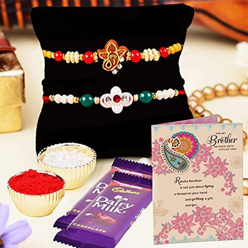 ARCHIES Rakhi For Brother Rakshabandhan Combo Set of 2 Crystal Stone Bhaiya/Bro/Bhai Rakhis with Greeting Card, 2 Dairy Milk Chocolates 24 gms, Roli Chawal 10 gms Pack (Gift pack of 6)