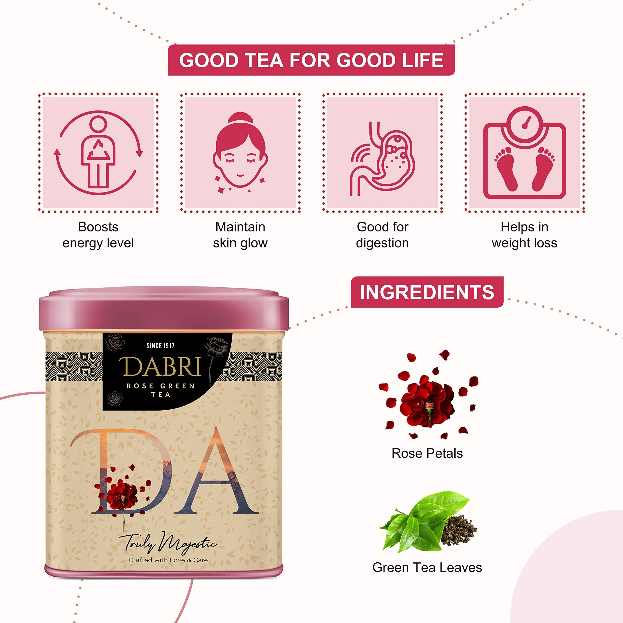 Dabri Rose Green Tea helps to prevent acne and to improve skin glow | 100% Whole Leaf & Natural Rose Petals | Helps in relieving stress, Healthy hair & weight (Premium Air Tight Tin Box of 40gm)