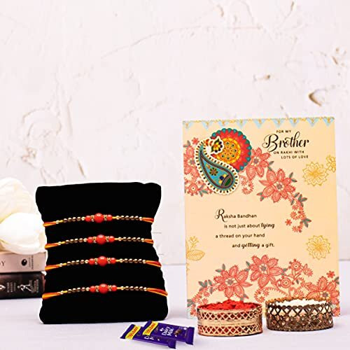 ARCHIES Rakhi For Brother Rakshabandhan Combo Set of 4 Stone Beads Bhaiya/Bro/Bhai Rakhis with Greeting Card, 2 Dairy Milk Chocolates-24 gms, Roli Chawal 10 gms Pack (Gift pack of 8)