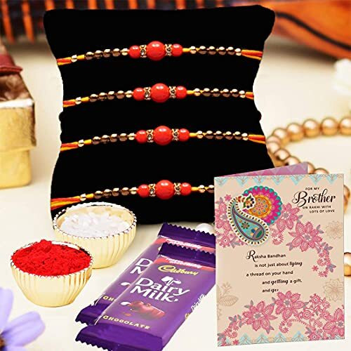 ARCHIES Rakhi For Brother Rakshabandhan Combo Set of 4 Stone Beads Bhaiya/Bro/Bhai Rakhis with Greeting Card, 2 Dairy Milk Chocolates-24 gms, Roli Chawal 10 gms Pack (Gift pack of 8)