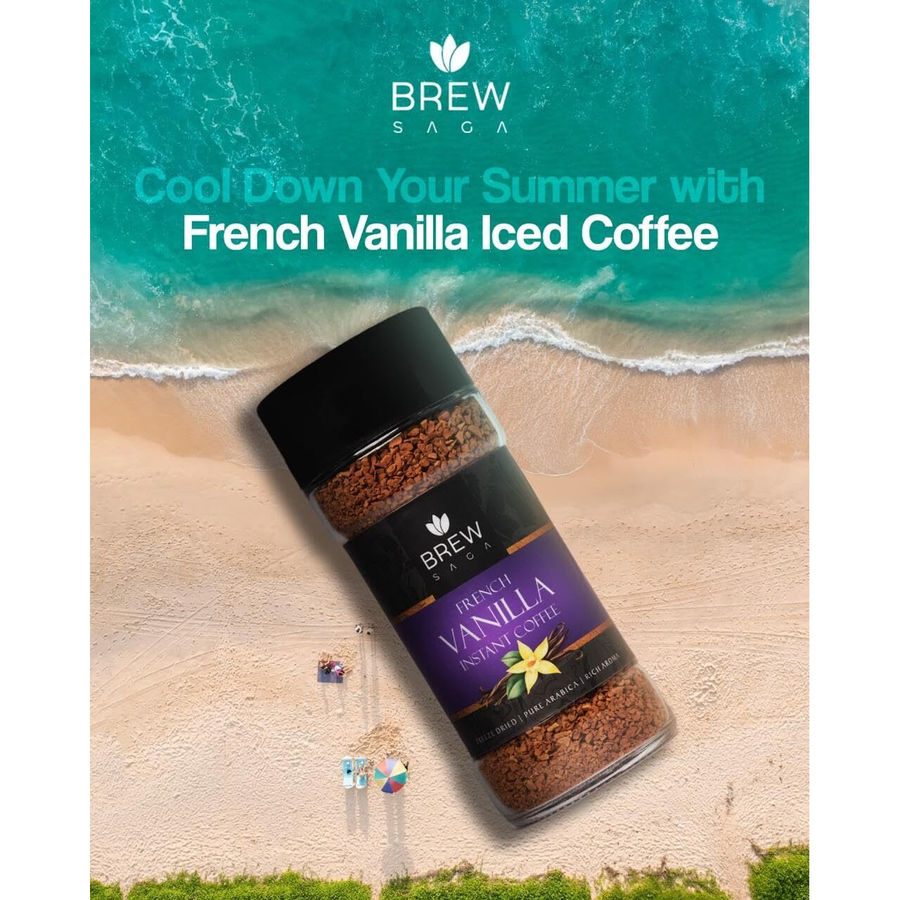 BREWSAGA French Vanilla Instant Coffee | 100% Arabica | Freeze-Dried | Flavoured Coffee | No Added Sugar | Makes 50 Cups | 100 Gram
