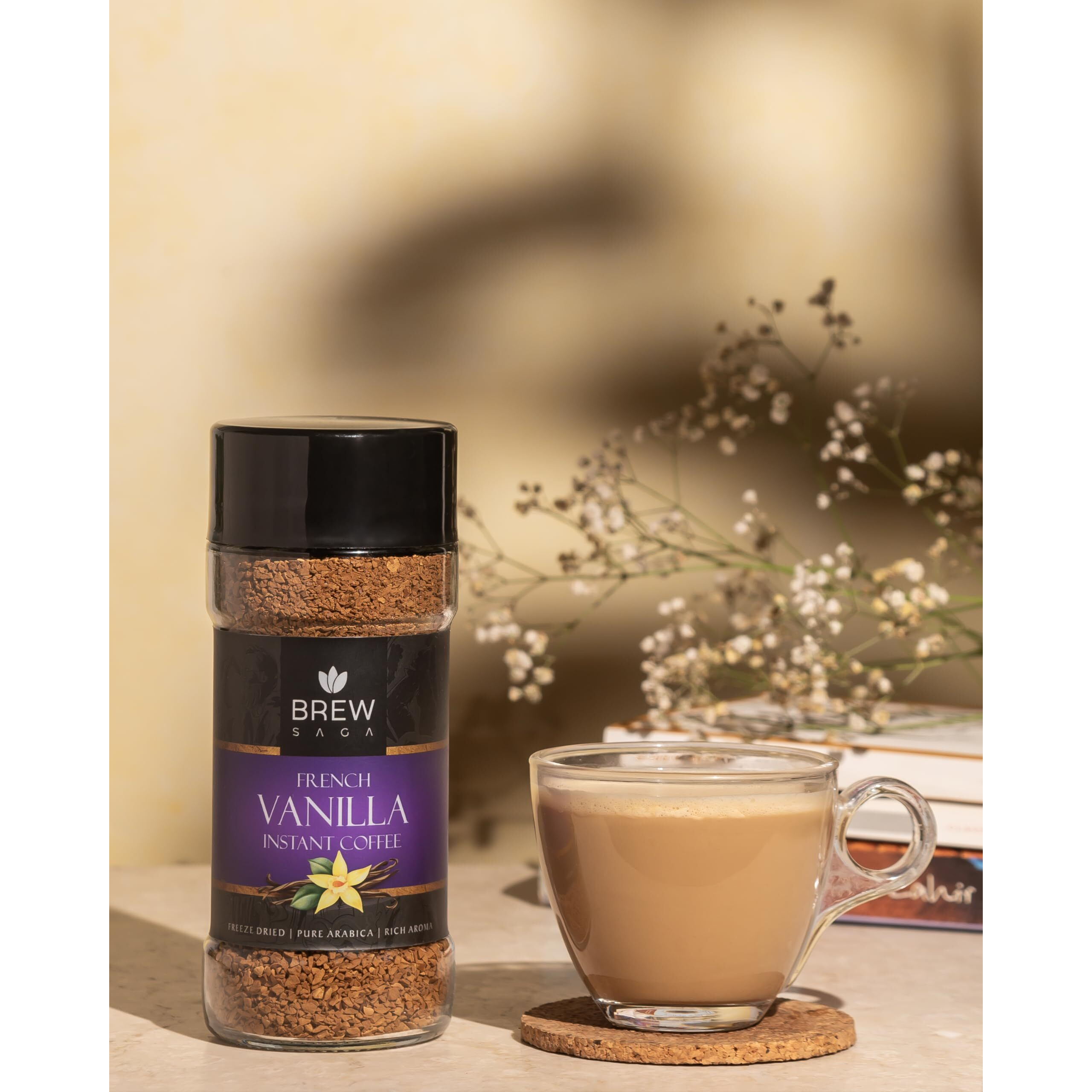 BREWSAGA French Vanilla Instant Coffee | 100% Arabica | Freeze-Dried | Flavoured Coffee | No Added Sugar | Makes 50 Cups | 100 Gram
