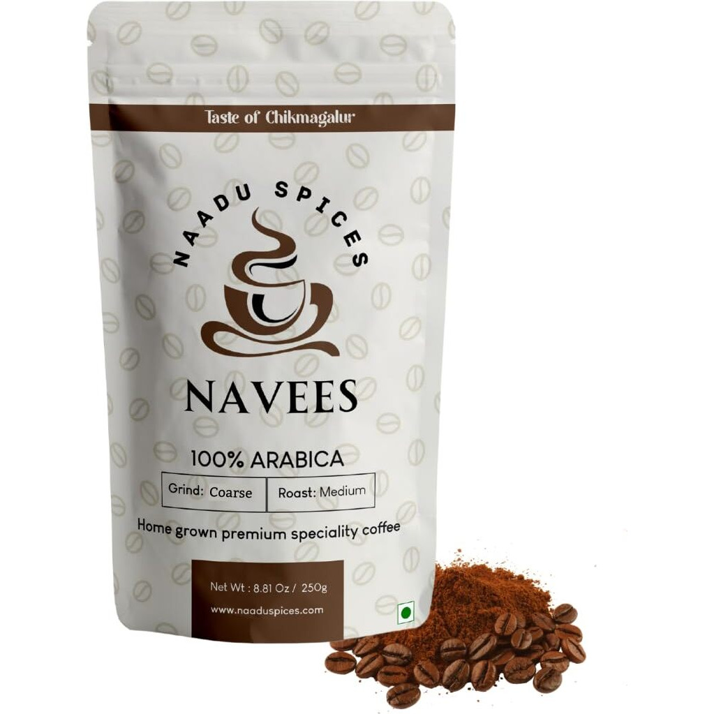 Navees Coffee | Coarse Grind for French Press | 100 percent pure Arabica Coffee powder | Freshly Roasted | Single Origin | Medium dark roast | 0% chicory | Delivered straight from our farm | 250gm