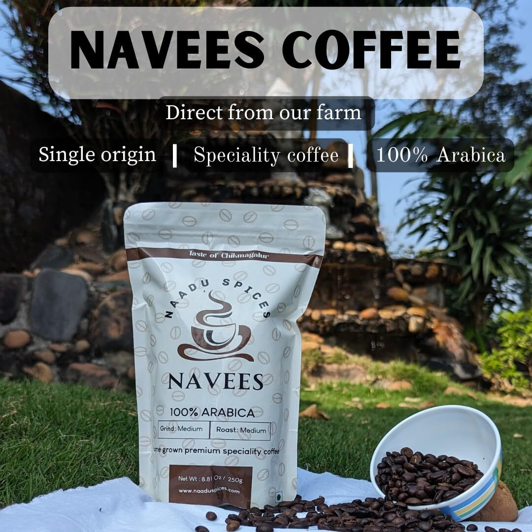 Navees Coffee | Coarse Grind for French Press | 100 percent pure Arabica Coffee powder | Freshly Roasted | Single Origin | Medium dark roast | 0% chicory | Delivered straight from our farm | 250gm
