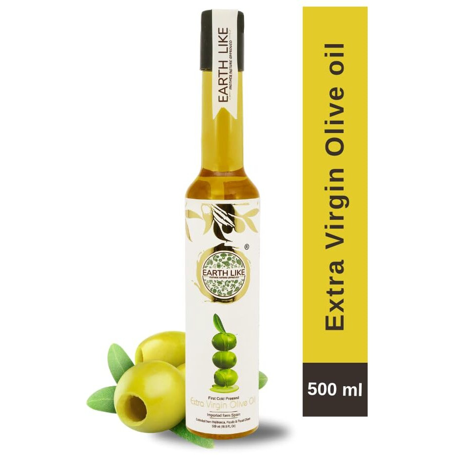 EARTH LIKE Extra Virgin Olive Oil (500 ml) Imported Premium Cold Pressed & Raw Edible Cooking Oil | Ideal for Skin & Hair Care, Baby Massage and Everday Healthy Cooking