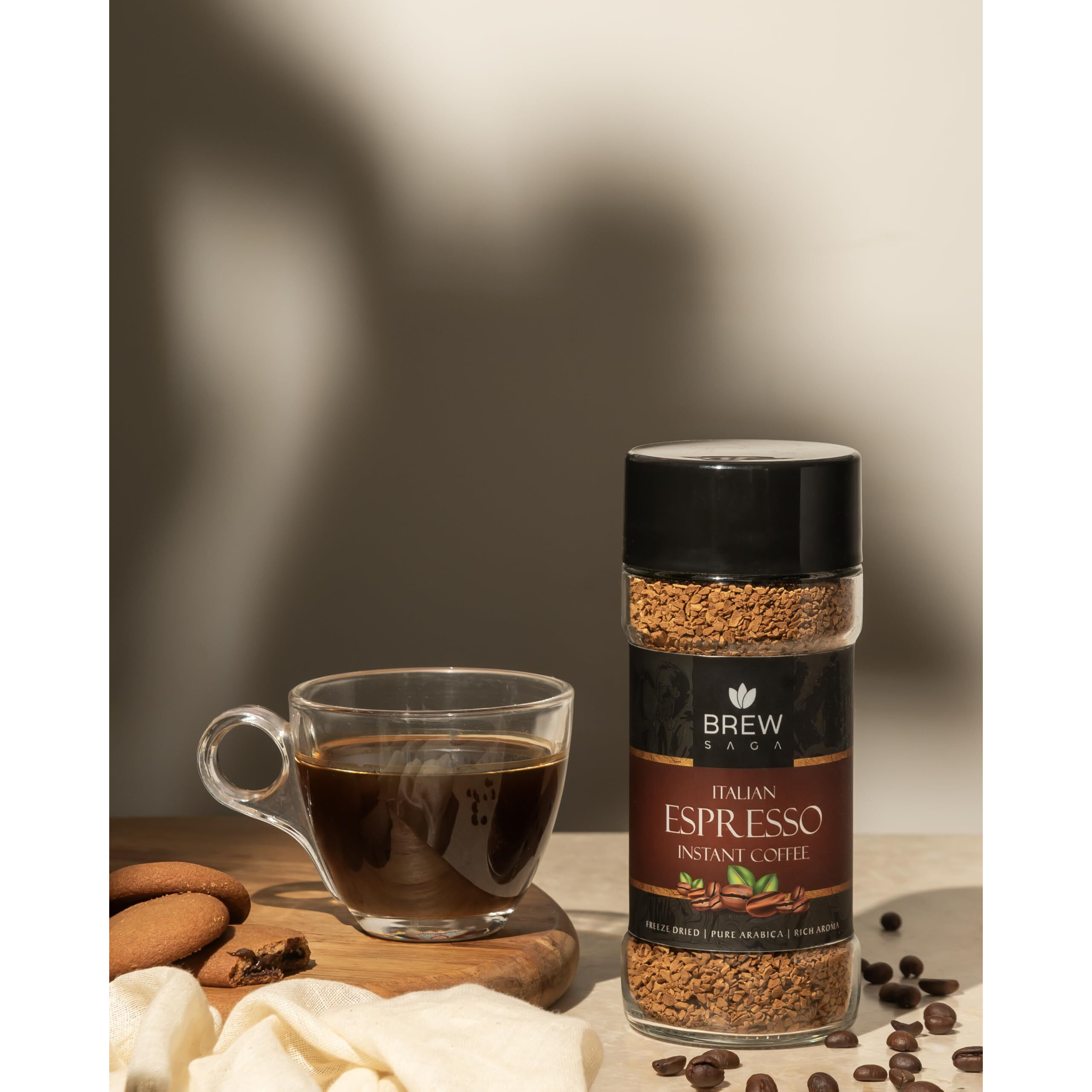 BREWSAGA Itallian Espresso Instant Coffee | 100% Arabica | Freeze-Dried | Flavoured Coffee | No Added Sugar | Makes 50 Cups | 100 Gram