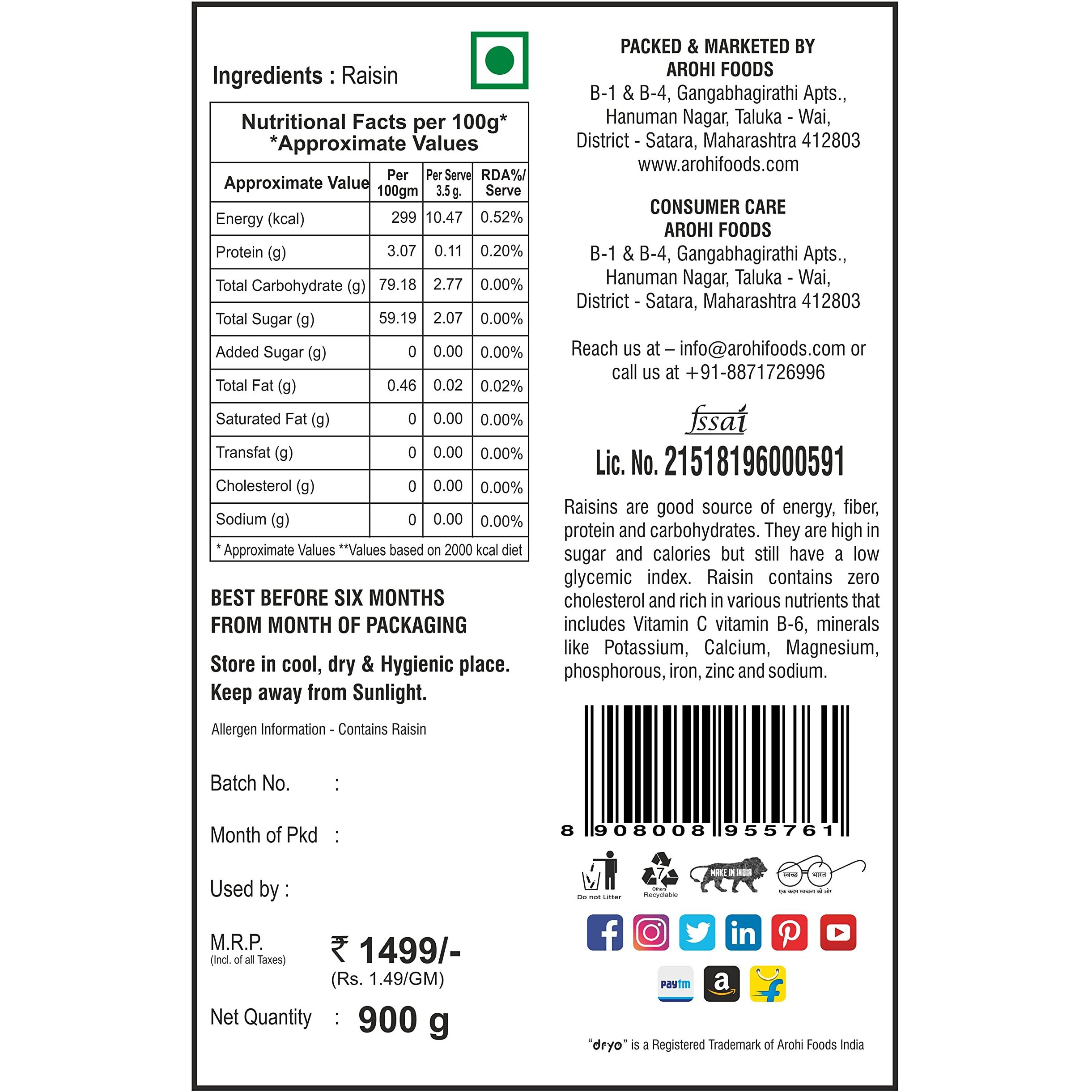 Dryo Premium Raisin (900 Gram)