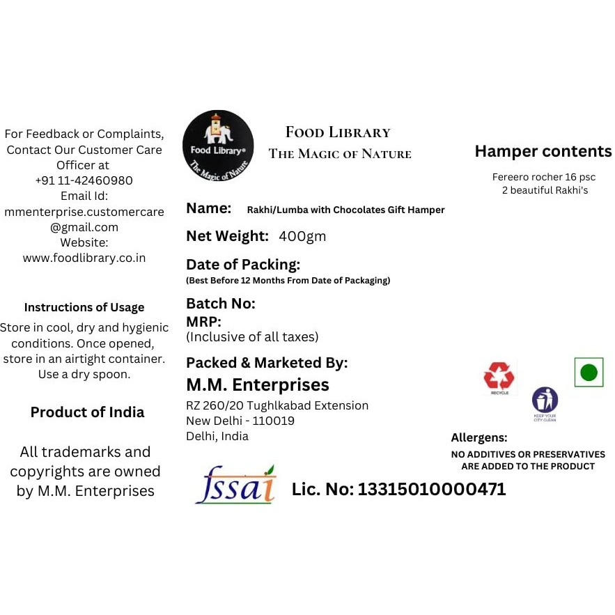 Food Library The Magic of Nature Rakhi/Lumba With Gift Hamper For Brother/Bhabhi/kid (Ferrero Rocher & 3 Rakhi)