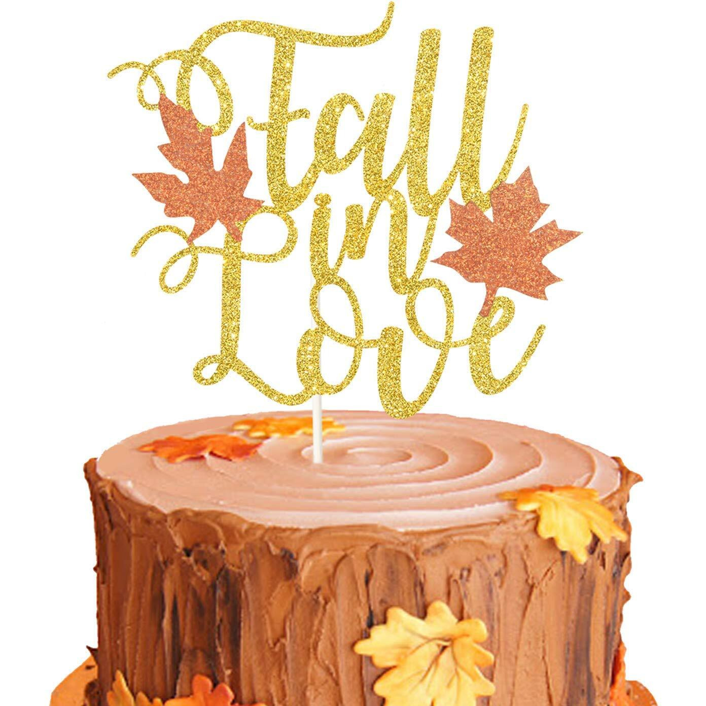 Festiko Fall in Love Cake Topper, Glitter Fall Engagement Cake Topper, Fall Wedding, Bridal Shower Decoration, Fall Leaves Cake Topper, Fall Party Supplies
