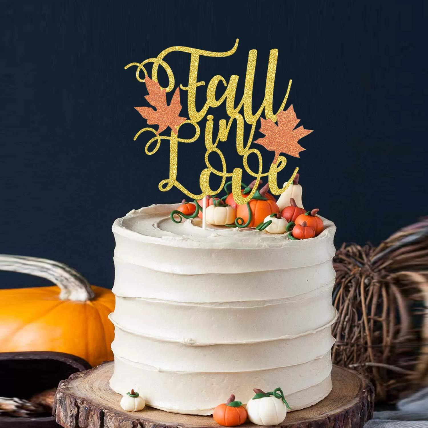 Festiko Fall in Love Cake Topper, Glitter Fall Engagement Cake Topper, Fall Wedding, Bridal Shower Decoration, Fall Leaves Cake Topper, Fall Party Supplies