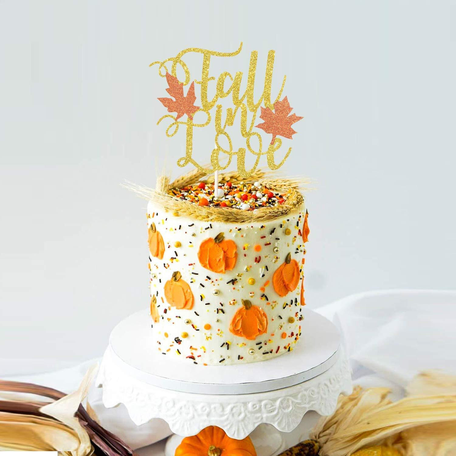 Festiko Fall in Love Cake Topper, Glitter Fall Engagement Cake Topper, Fall Wedding, Bridal Shower Decoration, Fall Leaves Cake Topper, Fall Party Supplies