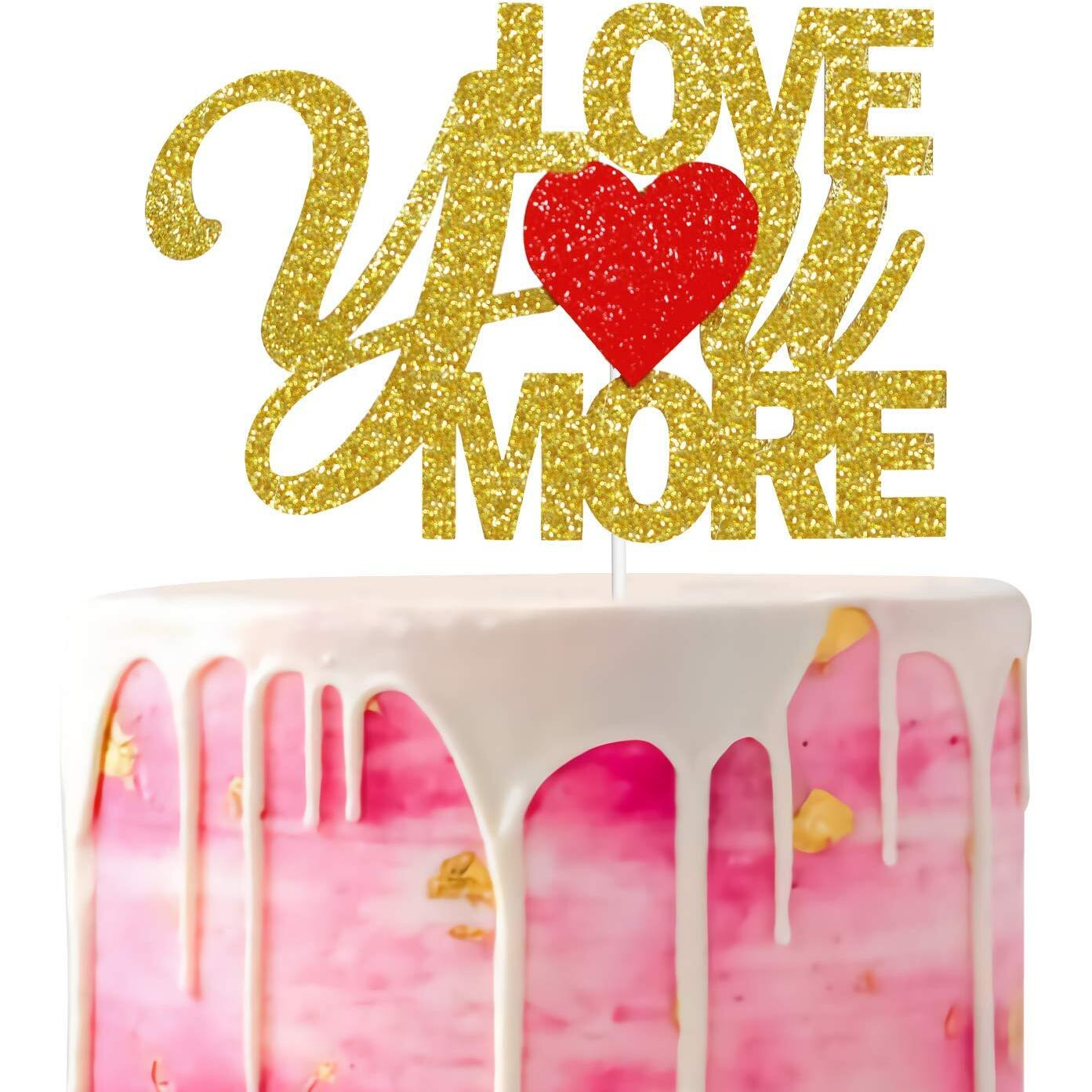 Festiko Gold Glitter Love You More Cake Topper, Be Mine Cake Topper, Bridal Shower, Wedding Anniversary Cake Decor, Valentines Day Party Decorations Supplies
